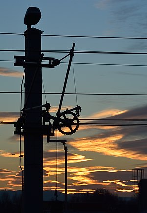 Power cable of the railway Donauuferbahn near hydro power plant Freudenau, Vienna