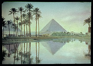 Egypt. Pyramids. Pyramids and palm grove reflections LOC matpc.23063.jpg