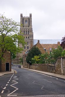 The Gallery, with Withburga house on the left, and School House garden to the right, with the Cathedral in the background Ely The Gallery.jpg