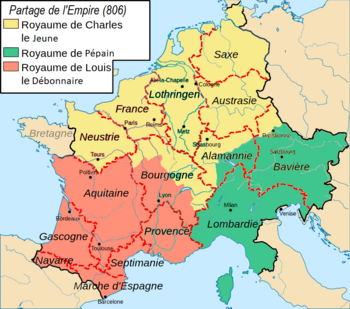 Die im Jahr 806 vorgesehene Reichsteilung im Testament Karls des Großen (gelb das Gebiet Karls des Jüngeren, grün das Gebiet Pippins und rot das Gebiet Ludwigs)