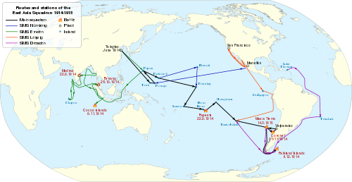 Un mapa de los océanos Pacífico y Atlántico, que muestra la ruta de los barcos; el Dresden navegó desde el Caribe rodeando América del Sur al Pacífico