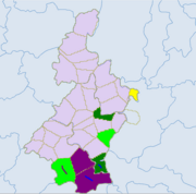 Ethnic townships in Yunnan Qujing Light green -Yi. Blue - miao. Red - zhuang. Dark green- Bouyei. Yellow- Shui