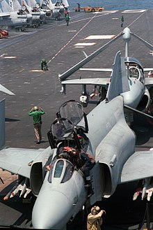 A F-4S of VF-201 and a VAQ-209 EA-6A Intruder aboard USS Dwight D. Eisenhower in 1985. F-4S VF-201 on USS Eisenhower (CVN-69) 1985.JPEG