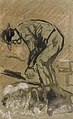 Farmworker at work label QS:Len,"Farmworker at work" label QS:Lnl,"Landarbeider aan het werk" . 1903 (?). Brown ink and red chalk and white chalk on paper. 11 × 6.5 cm (4.3 × 2.5 in). Utrecht, Centraal Museum.