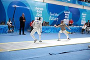 Deutsch: Fechten bei den Olympischen Jugend-Sommerspielen 2018: Tag 1, 7. Oktober 2018, Jungen, Säbel, Runde der letzten 16 - Ali Al-Bahrani (KSA) Vs Antonio Heathcock (GER) 9:15 English: Fencing at the 2018 Summer Youth Olympics at 7 October 2018 – Boys' sabre Round of 16 – Ali Al-Bahrani (KSA) Vs Antonio Heathcock (GER) 9:15