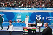 Deutsch: Fechten bei den Olympischen Jugend-Sommerspielen 2018: Tag 1, 7. Oktober 2018, Jungen, Säbel, Finale - Krisztián Rabb (HUN) - Hyun Jun (KOR) (USA) 15:13 English: Fencing at the 2018 Summer Youth Olympics at 7 October 2018 – Boys' sabre Gold medal match – Krisztián Rabb (HUN) Vs Hyun Jun (KOR) (USA) 15:13