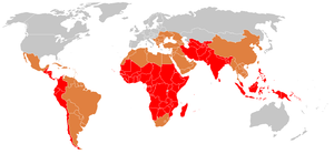Typhoid fever incidence; most common in Asia, Africa, Central and South America

.mw-parser-output .legend{page-break-inside:avoid;break-inside:avoid-column}.mw-parser-output .legend-color{display:inline-block;min-width:1.25em;height:1.25em;line-height:1.25;margin:1px 0;text-align:center;border:1px solid black;background-color:transparent;color:black}.mw-parser-output .legend-text{}
Strongly endemic areas
Moderately endemic areas Fievre typhoide.png