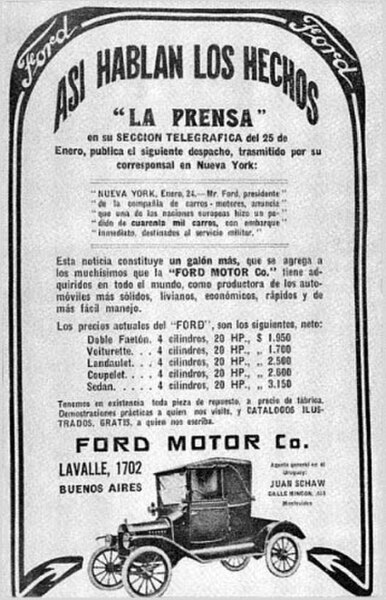 1915 Ford advertisement published in La Prensa newspaper featuring the model T