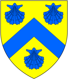 Arms of Trenchard: Or, a chevron between three escallops azure GayArms.PNG