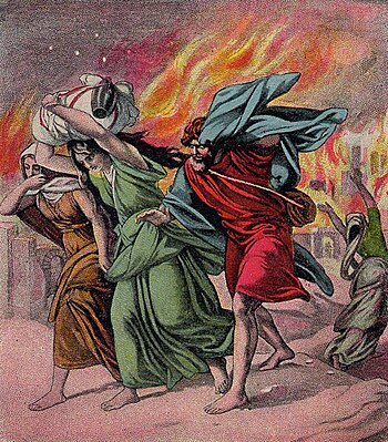 English: Lot and his daughters flee Sodom, as ...