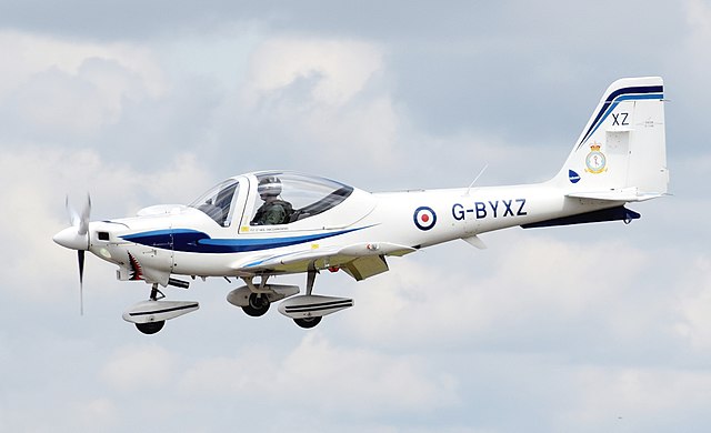 Grob G 115E Tutor T1 of the RAF arrives at the 2019 RIAT, England.