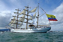 Ecuador flag on the sailing ship BAE Guayas Guayas in Dublin Bay - The Flag.jpg