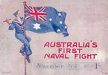 Postcard commemorating the naval victory of Australian light cruiser HMAS Sydney over the German light cruiser Emden at the Battle of Cocos in 1914. HMAS Sydney.jpg