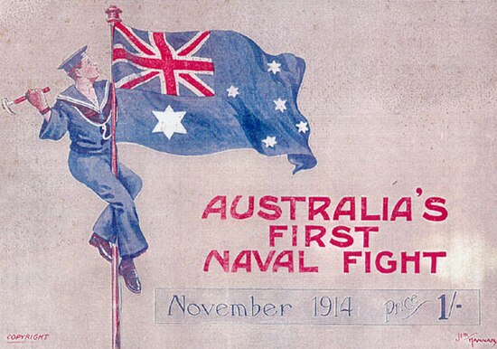 Postcard commemorating the naval victory of Australian light cruiser HMAS Sydney over the German light cruiser Emden at the Battle of Cocos in 1914.