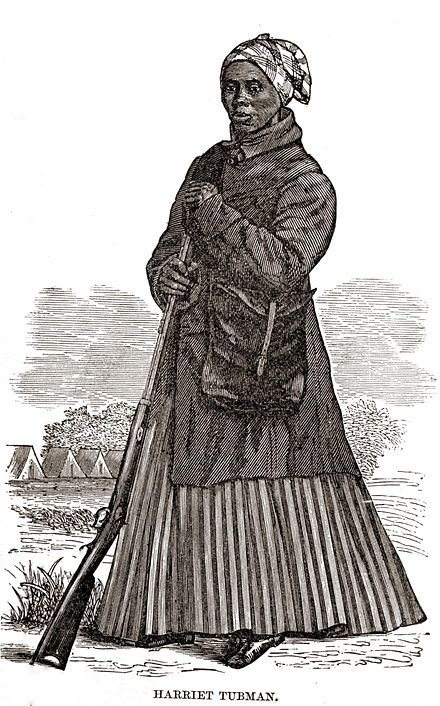 A woodcut of Tubman in her Civil War clothing (1869; age ca 40s).