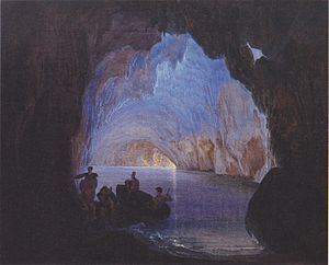 The Blue Grotto at Capri, an 1835 painting now in the Kunsthalle Bremen Heinrich Jakob Fried - Die blaue Grotte von Capri - 1835.jpeg