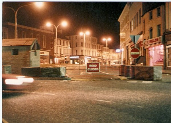 Security barriers in Portadown, County Armagh at the height of the Troubles. Wright made his home in Portadown from the time he transferred there as a