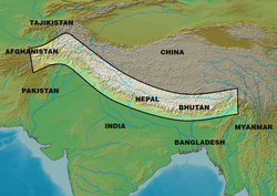 Mapa Himálaj (tato mapa zahrnuje pohoří Hindúkuš v Himálajích, které se obvykle nepovažuje za součást jádra Himálaj)