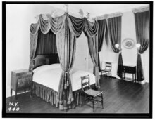 One of the bedrooms as it appeared in 1936 Historic American Buildings Survey, Wohlfahrt Studio, Photographer May 25, 1936, DRAPED WINDOWS AND BED - FRONT BEDROOM, SECOND FLOOR. - Seabury Tredwell House, 29 East Fourth HABS NY,31-NEYO,30-19.tif