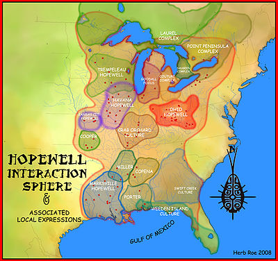 A northerly section focusing on the Saugeen, Laurel and Point Peninsula complexes of the map showing south eastern United States and the Great Lakes area of Canada showing the Hopewell Interaction Sphere and in different colours the various local expressions of the Hopewell cultures, including the Laurel complex, Saugeen complex, Point Peninsula complex, Marksville culture, Copena culture, Kansas City Hopewell, Swift Creek culture, Goodall focus, Crab Orchard culture and Havana Hopewell culture.