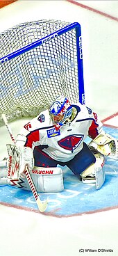 Shepard playing in the Kelly Cup Finals against the Fort Wayne Komets. Hunter Shepard ECHL Finals1.jpg