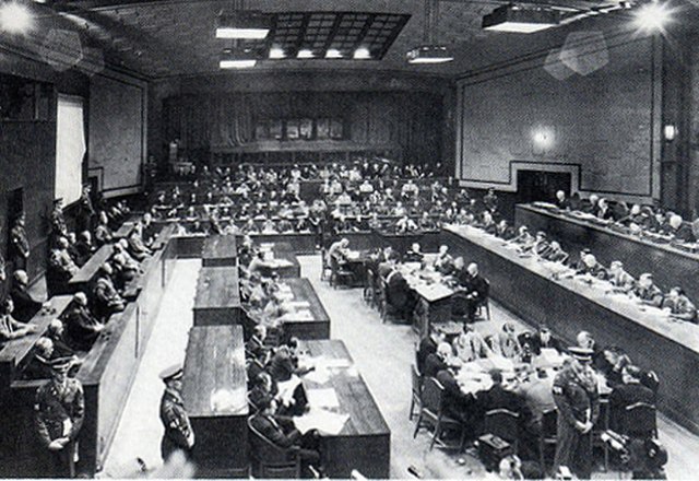 View of the Tribunal in session: the bench of judges is on the right, the defendants on the left, and the prosecutors in the back