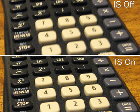 A comparison of close-up photographs of a calculator keypad with and without optical image stabilization ISComparison.png