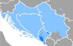 Verspreiding van Montenegryns (donkerblou) binne Serwo-Kroaties (hemelblou)