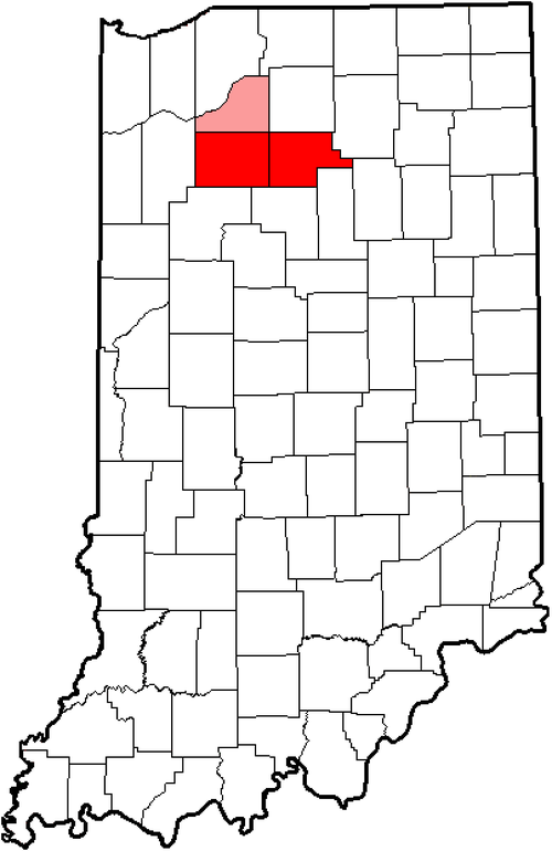 Location of the former TVAC in Indiana. Starke County is in pink, as all of its members were not in the conference by the time it folded. Indiana (TVAC).png