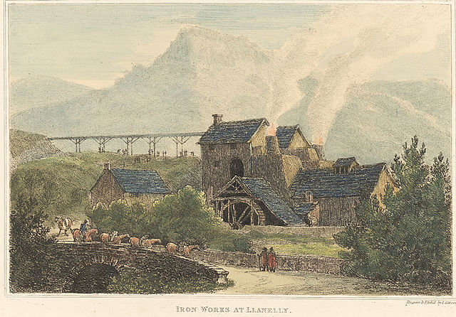 Etching of ironworks near Llanelli by John George Wood, 1811