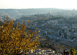 La Vieille Ville de Jérusalem, avec vue sur la vallée du Cédron, depuis le mont Scopus (au nord de la vieille ville).