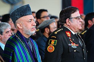 Afghan President Hamid Karzai and Abdul Rahim Wardak, the Defense Minister of Afghanistan. Karzai and Wardak in 2011.jpg