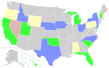 Kennedy Jr. ballot access for the 2024 presidential election, as of May 2024:
.mw-parser-output .legend{page-break-inside:avoid;break-inside:avoid-column}.mw-parser-output .legend-color{display:inline-block;min-width:1.25em;height:1.25em;line-height:1.25;margin:1px 0;text-align:center;border:1px solid black;background-color:transparent;color:black}.mw-parser-output .legend-text{}
Certified for ballot (6 states, 89 electoral votes)
Petition awaiting certification (5 states, 69 electoral votes)
Automatic write-in (8 states, 66 electoral votes)
Not on ballot
Petition rejected or withdrawn (4 states, 42 electors) Kennedy Jr. 2024 ballot access.svg