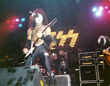 Stanley performing with Kiss in Winnipeg on the Alive! Tour in 1976