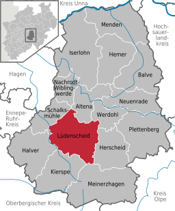 Läget för staden Lüdenscheid i Märkischer Kreis