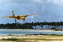 Sunflower Airlines Islander, landing on Malololailai, Fiji, 1986