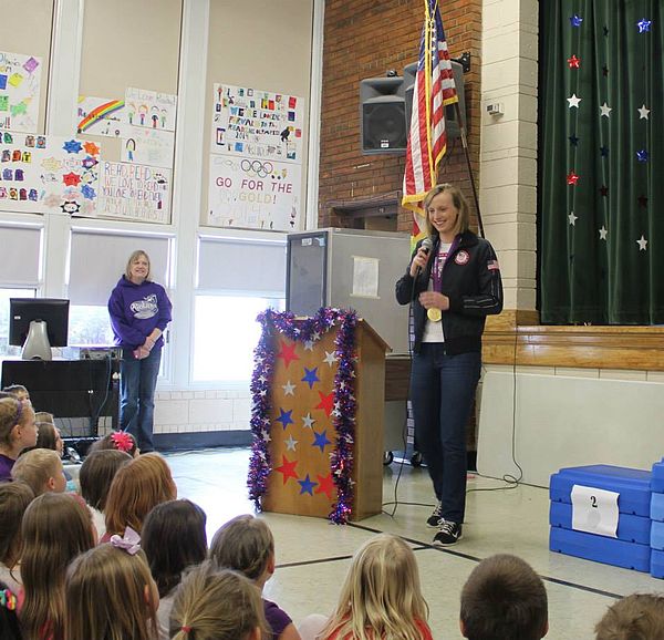 Ledecky speaks to students at Rickard Elementary School in Williston, North Dakota (2015).