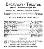 Broadway cast listed in The Theatre. Little Lord Fauntleroy Broadway Theatre The Theatre Dec 8 1888 p503.png