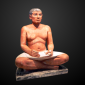 The Seated Scribe from Saqqara, Fifth dynasty of Egypt; scribes were elite and well educated. They assessed taxes, kept records, and were responsible for administration. Louvre-antiquites-egyptiennes-p1020372 Cropped and bg reduced.png