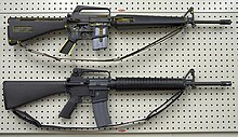 M16A1 cutaway rifle (top) and M16A2 (below) with a "straight-line" stock configuration M16 Variants.jpg