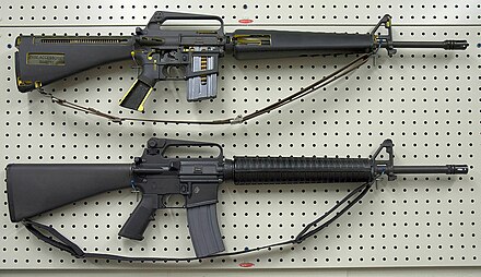 M16A1 cutaway rifle (top) and M16A2 (below) with a "straight-line" stock configuration