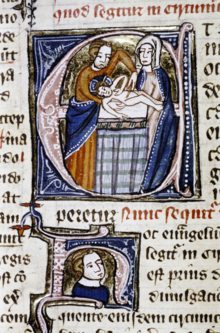 A historiated initial E featuring a mohel performing the circumcision of Jesus, accompanied by Mary (c. 1350) MS Laud Misc 165 fol 59.png