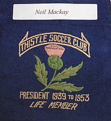 Long-serving Thistle president Neil Mackay's club blazer badge. Mackay Neil (03d) - life membership cloth.jpg