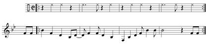 Piano excerpt from the rumba boogie "Mardi Gras in New Orleans" (1949) by Professor Longhair. 2-3 claves are written above for rhythmic reference. Mardi gras in new orleans.tif