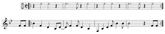 Piano excerpt from the rumba boogie "Mardi Gras in New Orleans" (1949) by Professor Longhair. 2-3 claves are written above for rhythmic reference. Mardi gras in new orleans.tif
