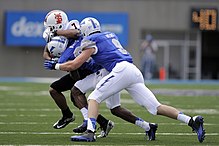 Shock detectors can be mounted in sports helmets to help monitor impacts. Members of the U.S. Air Force Academy (USAFA) football team tackle Idaho State Bengals' wide receiver Derek Graves as the USAFA Falcons defeated the Bengals 49-21 at Falcon Stadium in Colorado Springs, Colo 120901-F-ZJ145-606.jpg