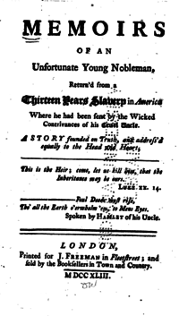 Title page of Memoirs of an Unfortunate Young Nobleman, 1743.