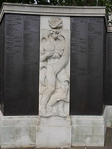 Those commemorated on the Second World War memorial are listed in alphabetical order by ship and branch of service, panels 39 and 40 illustrated here begin with SS Empire Chaucer and conclude with SS Empire Eve Merchant Seamen's Memorial - relief in the sunken garden between pannels 39 and 40 01.jpg