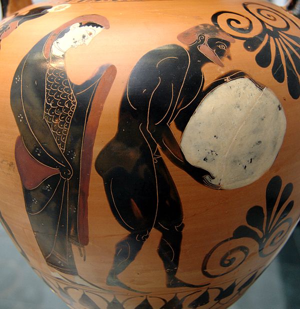 Persephone supervising Sisyphus in the Underworld, Attic black-figure amphora, c. 530 BC