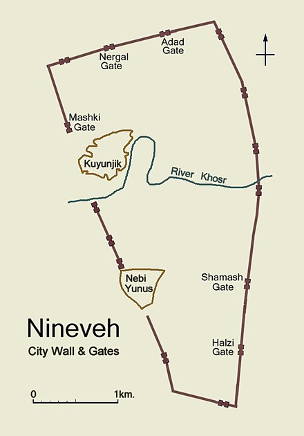 Simplified plan of ancient Nineveh, showing city wall and location of gateways.